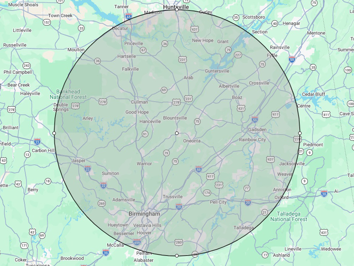 Sturgeon Plumbing & Gas North Alabama Service Area Map